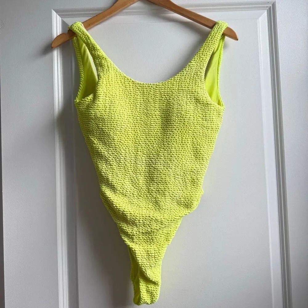 Bel Ange neon yellow/lime green crinkle textured one-piece swimsuit size M